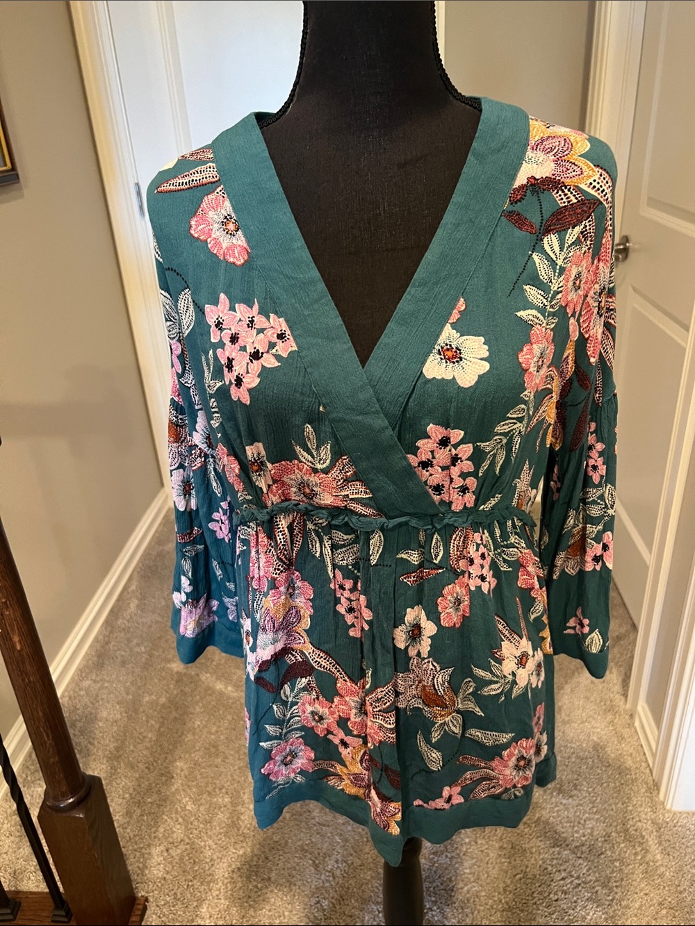 Maurices Teal Floral Wrap-Style Tunic Boho